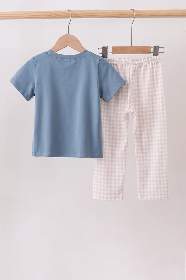 Teal Duck Embroidery Gingham Pants Set